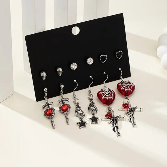 NEW Set of 6 Gothic Punk Earrings, Skull Stud, Heart Stud, Sword, Bat & Spider - Picture 3 of 4